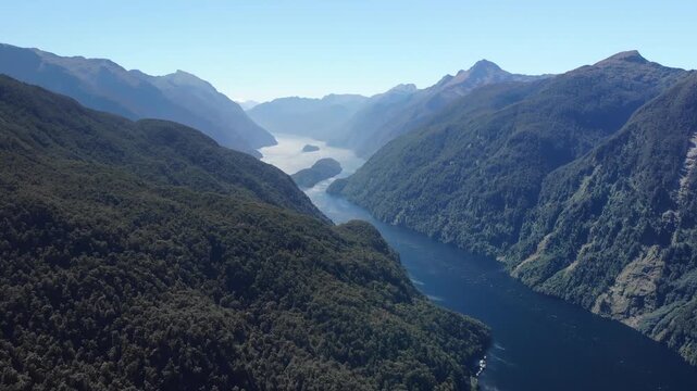 Beautiful aerial wide view of Doubtful Sound, Patea, Fiordland, New Zealand. Remote fjord, coastal.
