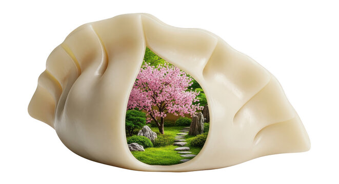 isolated white bakcground of an imaginative concept featuring a traditional dumpling with an opening revealing a serene miniature Japanese garden inside.