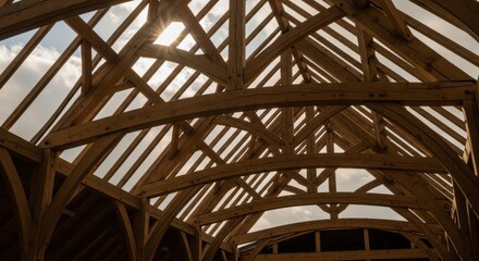 Wooden Roof Trusses Under Construction.