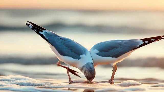 Two seagulls face each other on a beach at sunrise, beak-to-beak, with foamy water around legs