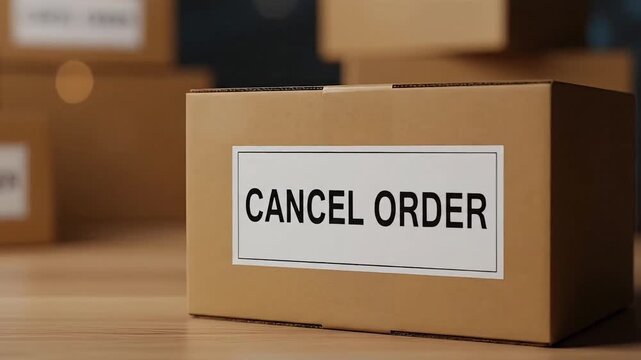 Cardboard box with cancel order label on wooden table blurred background e-commerce logistics shipping returns