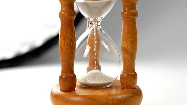 Hourglass with white sand on wooden stand, timer concept for presentation or website, isolated on white background