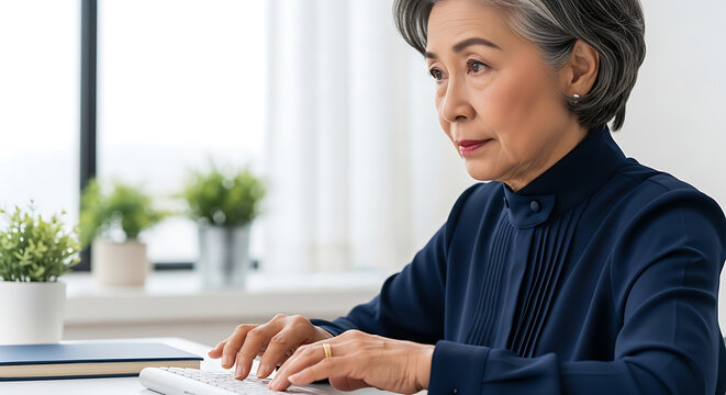 Mature Asian woman working on computer in office setting.