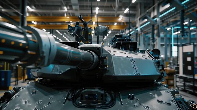Tank manufacturing process inside factory with close-up on turret details and assembly workers in action