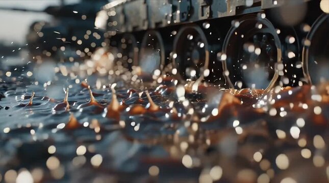 Tank model moves through puddle on muddy surface in evening light near old military site