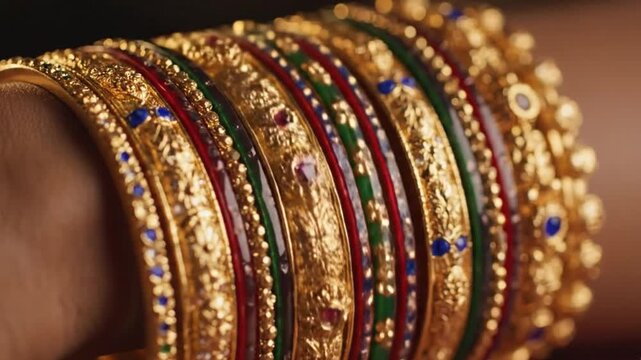 Vibrant gold bangles with precious stones on wrist