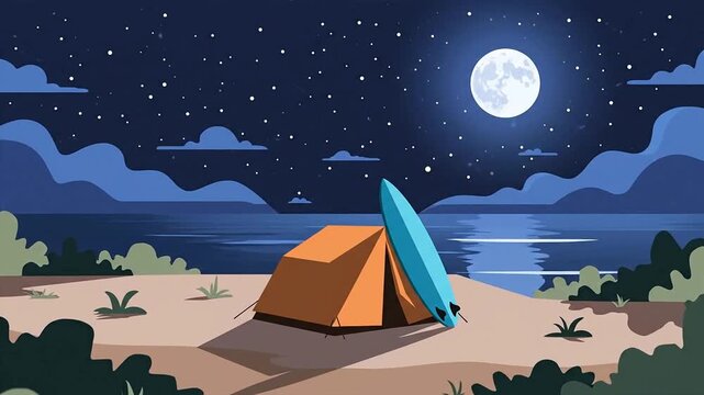 Serene Night Camping Scene with Tent and Surfboard Under the Moonlit Sky.