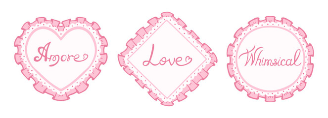 Elegant coquette frame illustration pink set hand drawn cloth ruffles lace borders. Whimsical romantic heart round square diamond shapes. Vintage Victorian mood delicate decorative art nostalgic charm