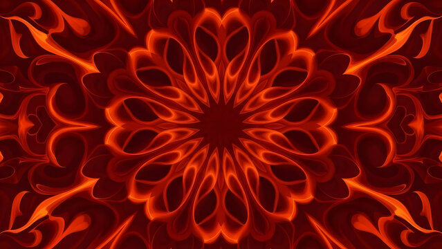 Symmetrical, abstract vector mandala design inspired by Holika Dahan flames/embers. Rendered in smooth, clean 3D red/dark orange gradients. Spiritual elegant background.
