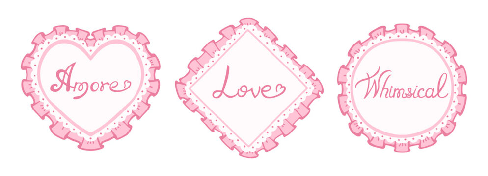 Elegant coquette frame illustration pink set hand drawn cloth ruffles lace borders. Whimsical romantic heart round square diamond shapes. Vintage Victorian mood delicate decorative art nostalgic charm