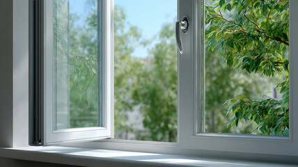 Obraz premium Open white plastic window view showing fresh green trees leaves on sunny summer day peaceful atmosphere