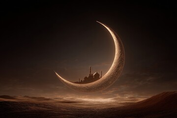 Crescent moon with mosque inside on desert landscape at night