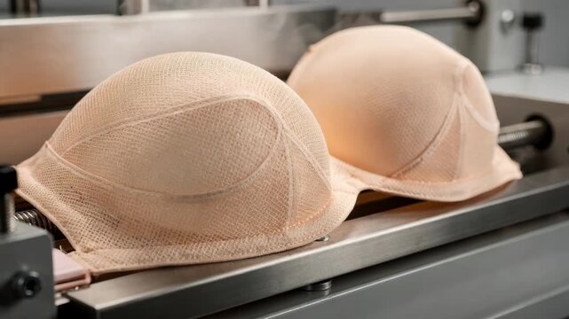 Closeup medium view of unpadded bra cup molding on heated presses emphasizing lightweight fabric contouring and delicate shaping for breathable intimate wear.