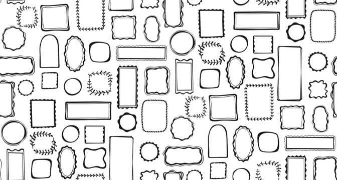 Doodle wave frame hand drawn scribble seamless pattern. Whimsical abstract linear borders square oval arch shapes wave round boundless background. Minimal decorative text boxes various endless design