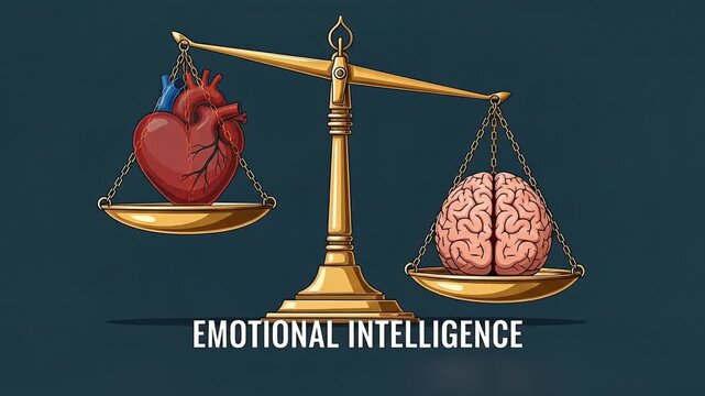 Balance scale weighing human heart against brain symbolizing emotional intelligence and rational thought decision making concept
