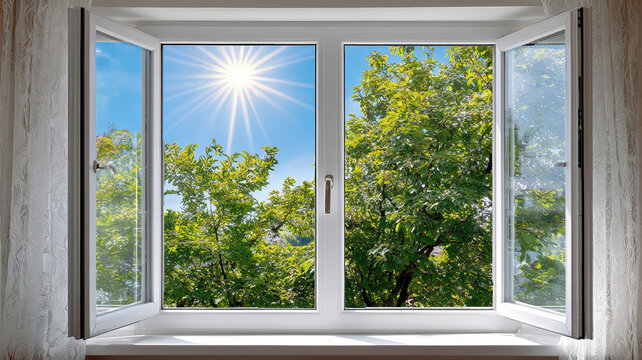 Open white plastic window view showing sunny summer day with bright sun blue sky and green trees feeling fresh and peaceful