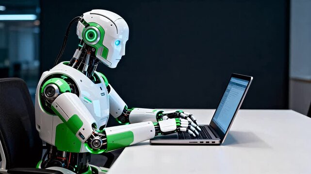 Robot using laptop in office
