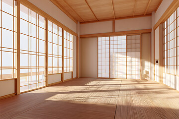 Fototapeta premium Bright room with large windows and wooden walls in a traditional style at sunrise