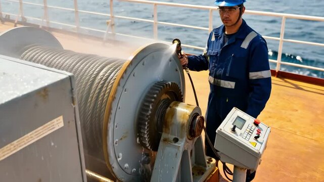 Marine engineer services a large winch mechanism lubricating and testing its functions for reliable anchor deployment.