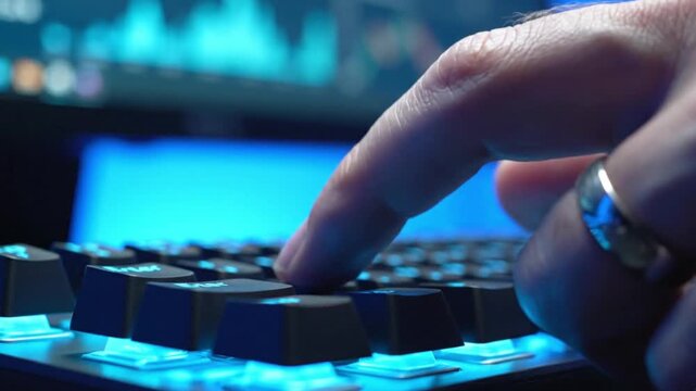 Close-up of finger pressing key on modern keyboard with blue backlight