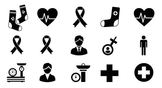 Collection of medical and health-related icons including heartbeats, ribbons, socks, scales, people silhouettes, and a cross.