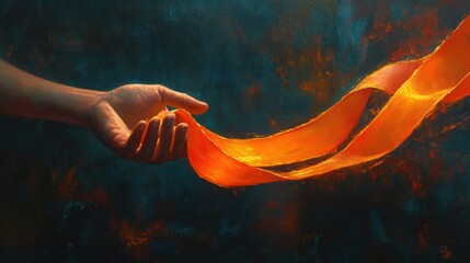 Hand Reaching for Flowing Orange Ribbon.