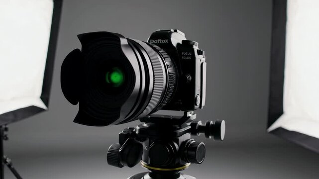 Studio setup with a camera on a tripod, flanked by softbox lights. Front angle shot, ideal for video production and photography sessions.