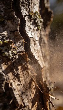 Macro nature extreme authentic skin texture natural film grain detail of rough tree bark surface with wood chip impact dust particle burst flying warm sunlight outdoor forest closeup vertical
