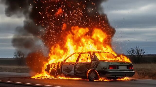 Car engulfed in flames on desolate highway dramatic inferno explosion disaster scene with thick black smoke billowing into overcast sky intense fire consuming vehicle on asphalt