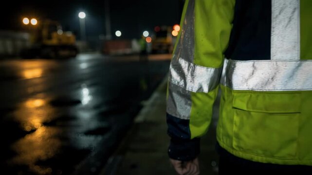 Shot focusing on reflective tape on workwear overalls enhancing visibility and safety in lowlight construction zones.