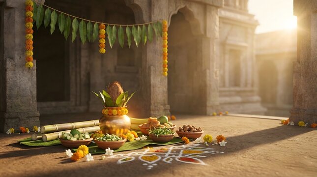 Traditional ugadi festival decoration with floral garland and food offerings outdoors