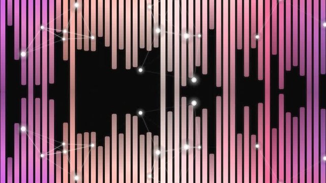 Vibrant pink and purple gradient equalizer bars on black background with glowing white dots and intersecting lines digital music visualization