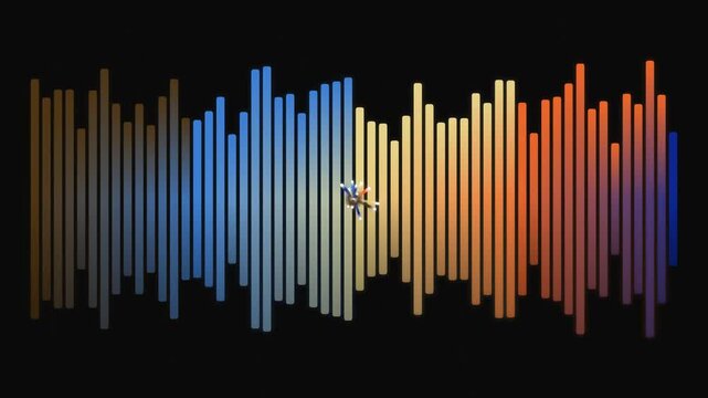 colorful sound wave illustration with gradient effect and flying objects in abstract visual representation of audio signal processing technology