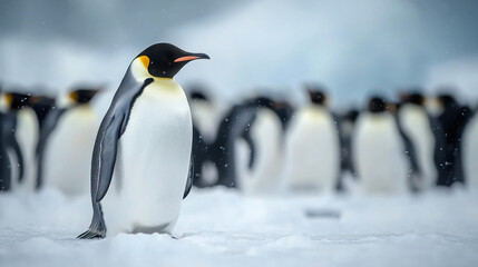 Fototapeta premium Group of king penguins coming back together from sea to beach with waves in the background