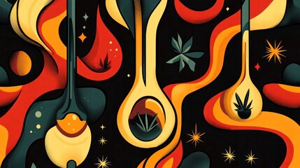 Psychedelic Abstract Art with Musical Instruments and Cannabis Leaves.