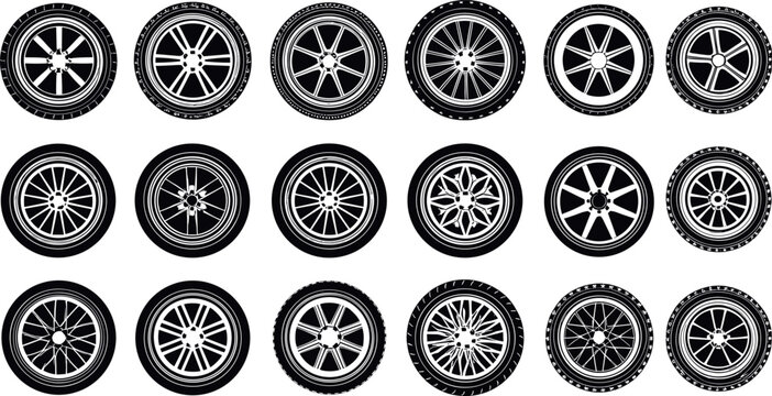 Detailed black car wheel and alloy rim icon set featuring realistic tire patterns spokes rims and automotive hub designs