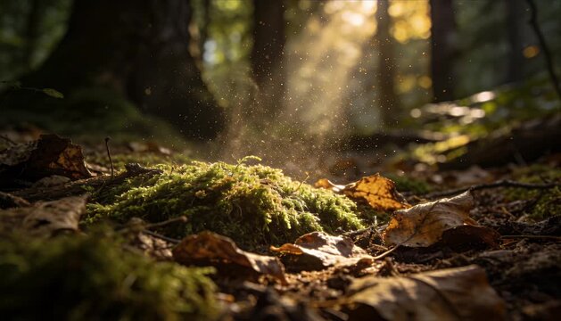 Macro nature extreme authentic skin texture natural film grain forest floor moss detail autumn leaf sunlight dust particle woodland ground closeup serene peaceful soft focus warm light outdoor