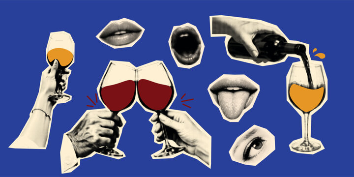 Pop art halftone collage close up hands clinking red wine glasses with pouring bottle on blue background vintage sticker cutout