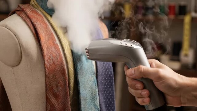 Closeup of a handheld steamer smoothing wrinkles on neckties hung on forms emphasizing manual craftsmanship and delicate fabric care.