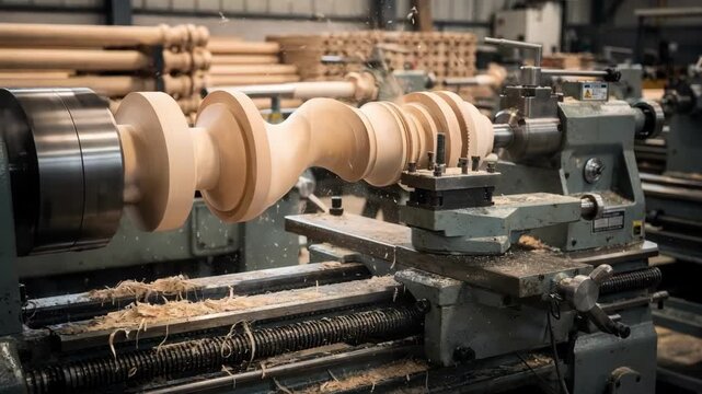 Industrial lathe machining robust wooden spindles with sharp tools focusing on mechanical accuracy and heavyduty production processes.