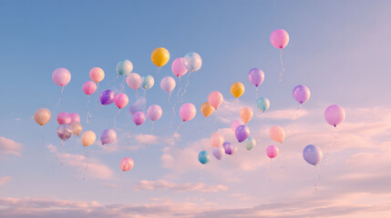 Fototapeta premium Floating pastel balloons drift across soft dawn sky evoking gentle joy and celebration