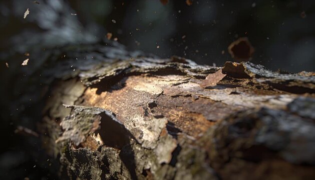 Macro nature extreme authentic skin texture natural film grain detail of broken tree bark with flying wood dust forest woodland decay closeup organic surface rough pattern outdoor forest dark