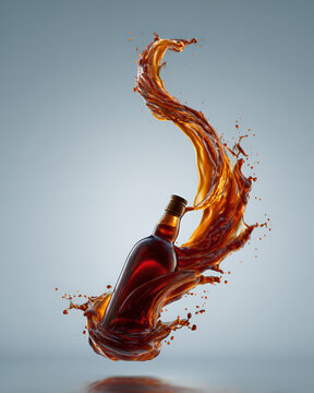 Dramatic Whiskey Bottle Splash Wave on Clean Background, water splash isolated on black background