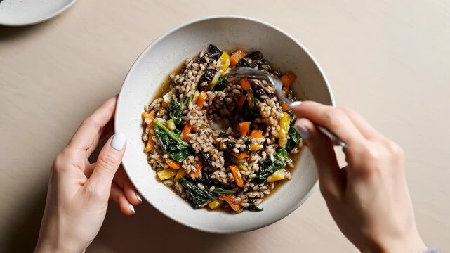 Top Down Hands Eating Hearty Grain Bowl With Beef.