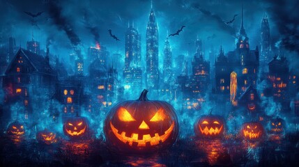 Spooky Halloween Night with Glowing Jack-o-Lanterns and Haunted Houses.