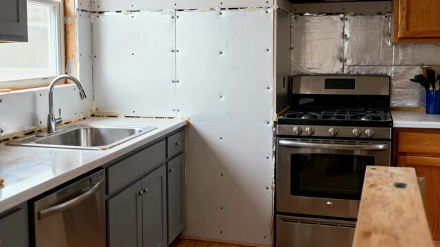 Medium shot showing a kitchen renovation with moistureresistant drywall focusing on areas prone to humidity like behind sinks and near cooking zones.