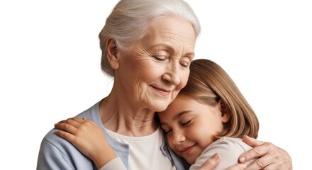 A heartwarming moment of an elderly woman embracing a young girl on transparent background