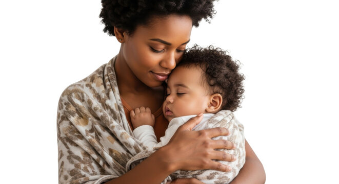 A loving African American mother holding her baby close on transparent background