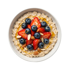 Oatmeal porridge with fresh blueberries, sliced strawberries, almonds, and honey drizzle, isolated on white