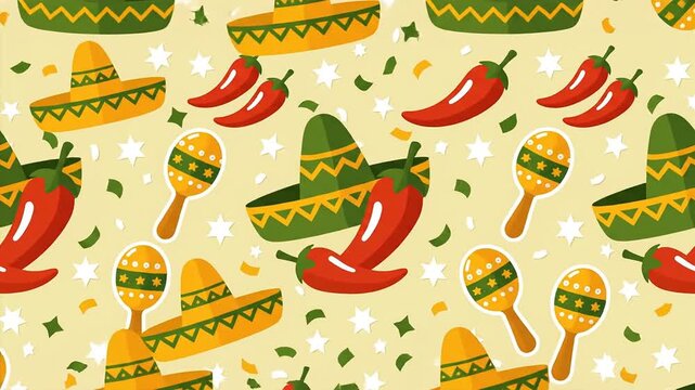 Mexican Fiesta Pattern with Sombreros and Chili Peppers.